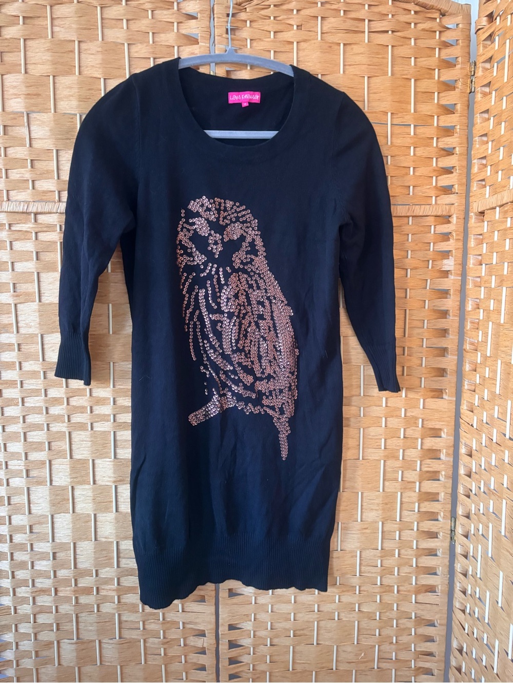 Black Knit Sweater Tunic or Dress with Bronze Sequin Owl Motif